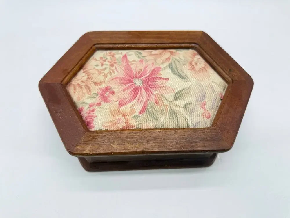 Vintage Wooden Jewelry Box Floral Fabric Lid Mirror Ring Storage Organizer